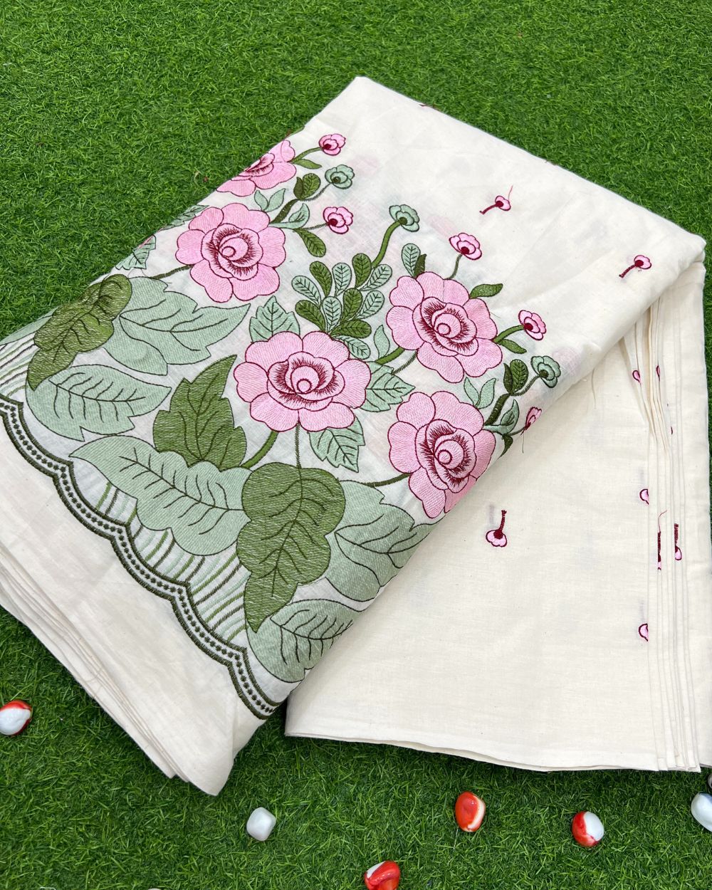 Kora Cotton Border Work Baby Pink Colour 45 Inches Width