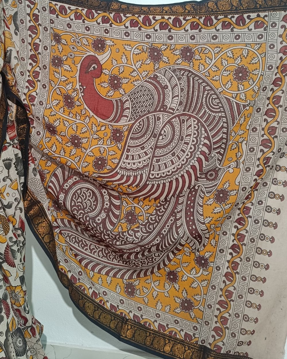 Hand Block Printed Cotton Kalamkari Saree with Blouse Piece Ivory Colour 46 Inches Width