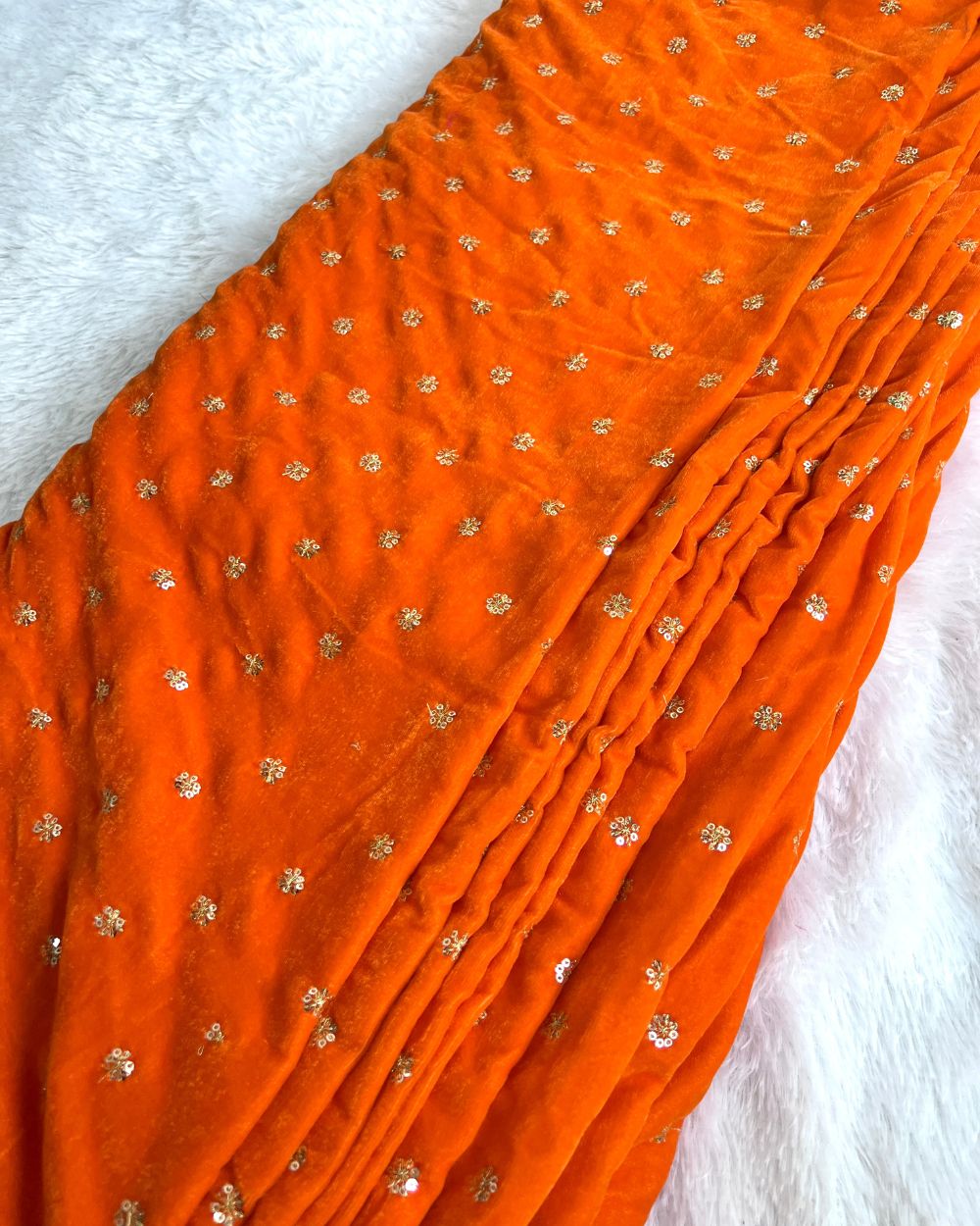 Premium Velvet Butti Work Orange Colour 45 Inches Width