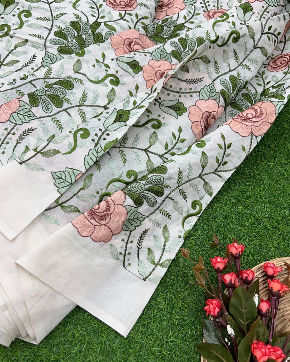 Kora Cotton Work Peach Colour 45 Inches Width