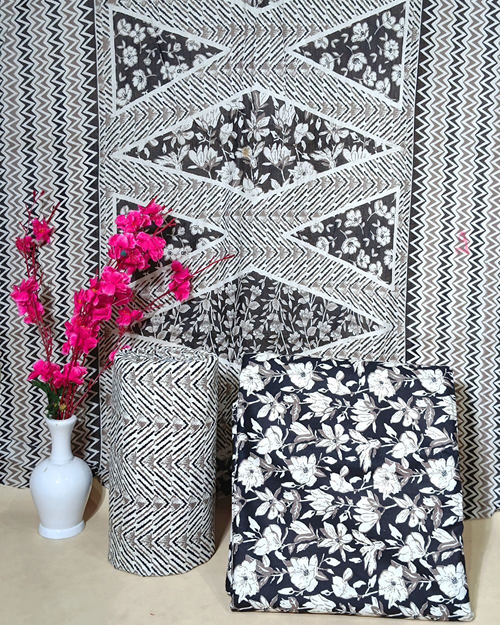 Printed Cotton Unstitched Top-Bottom Set with Dupatta Black Colour 44 Inches Width