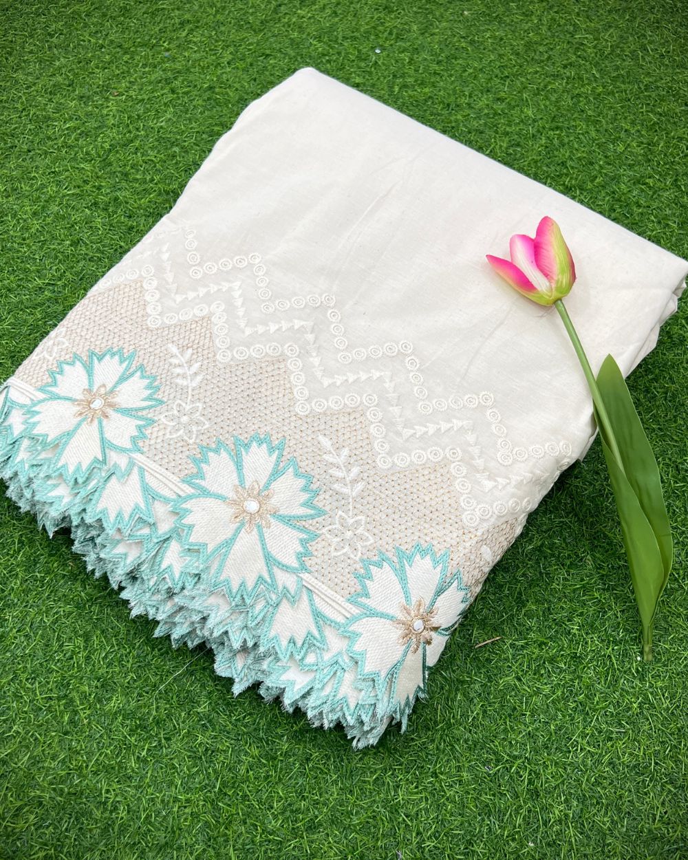 Kora Cotton with Cut Work Border Turquoise Colour 42 Inches Width