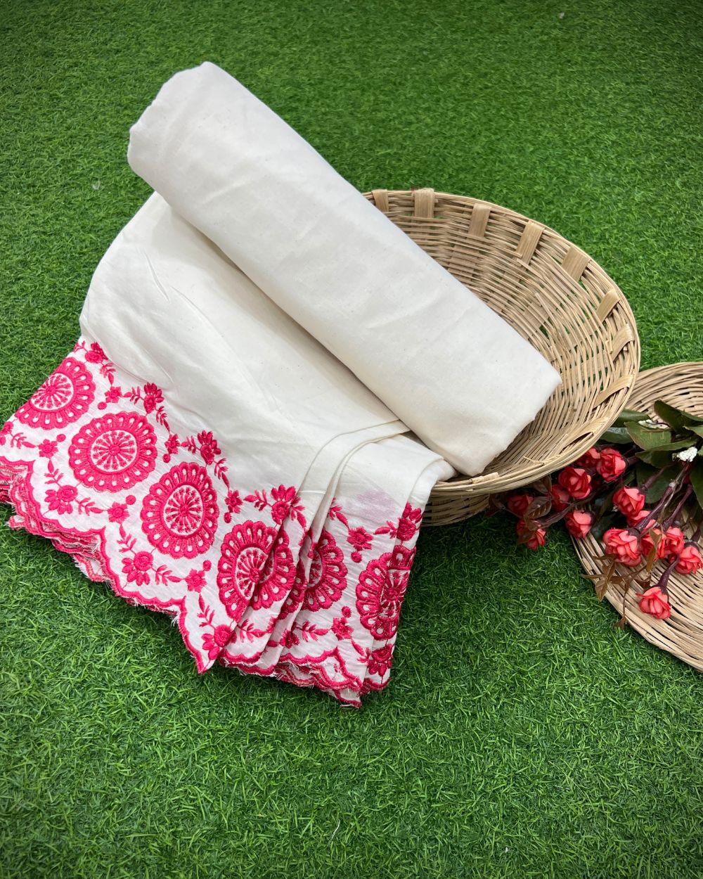 Kora Cotton with Cut Work Border Dark Pink Colour 42 Inches Width