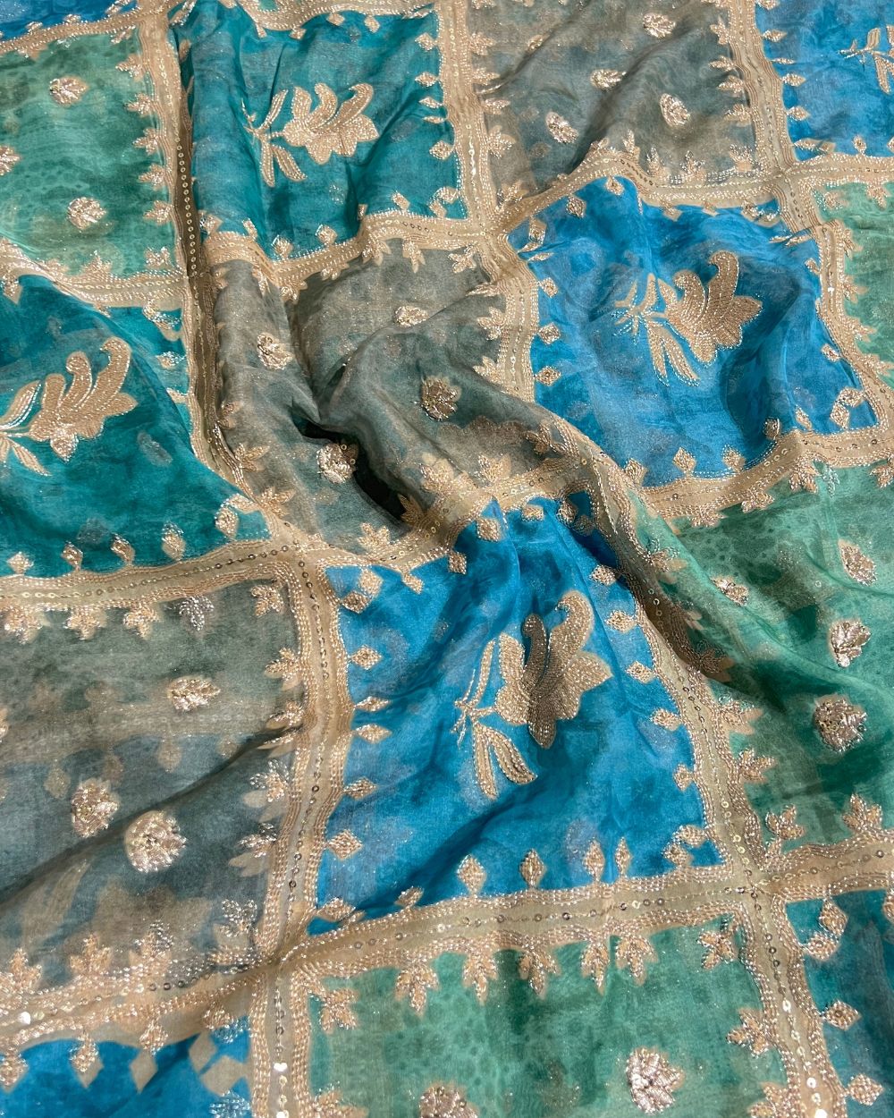 Position Print with Sequin Embroidery on Premium Organza Multicolor 46 Inches Width