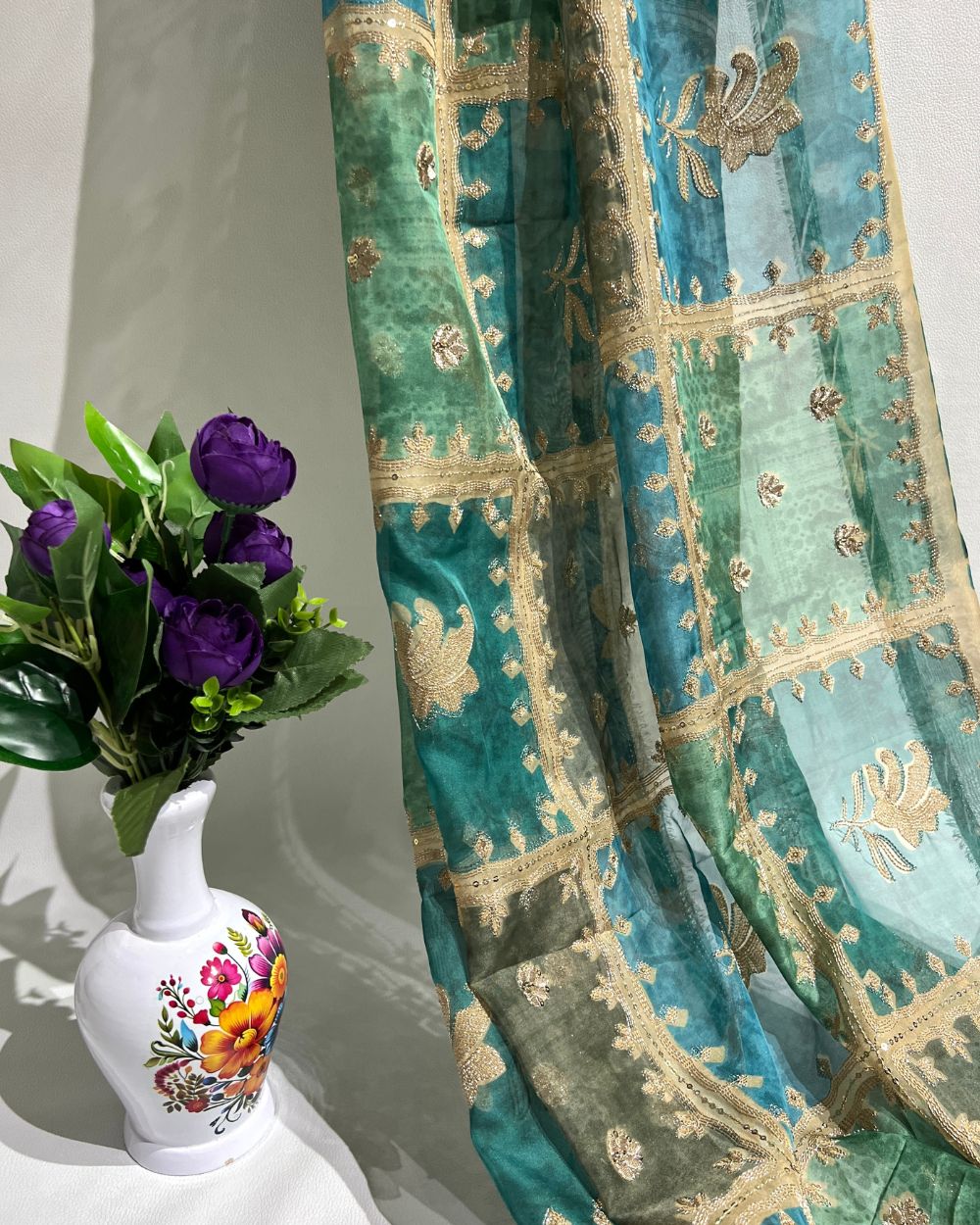 Position Print with Sequin Embroidery on Premium Organza Multicolor 46 Inches Width