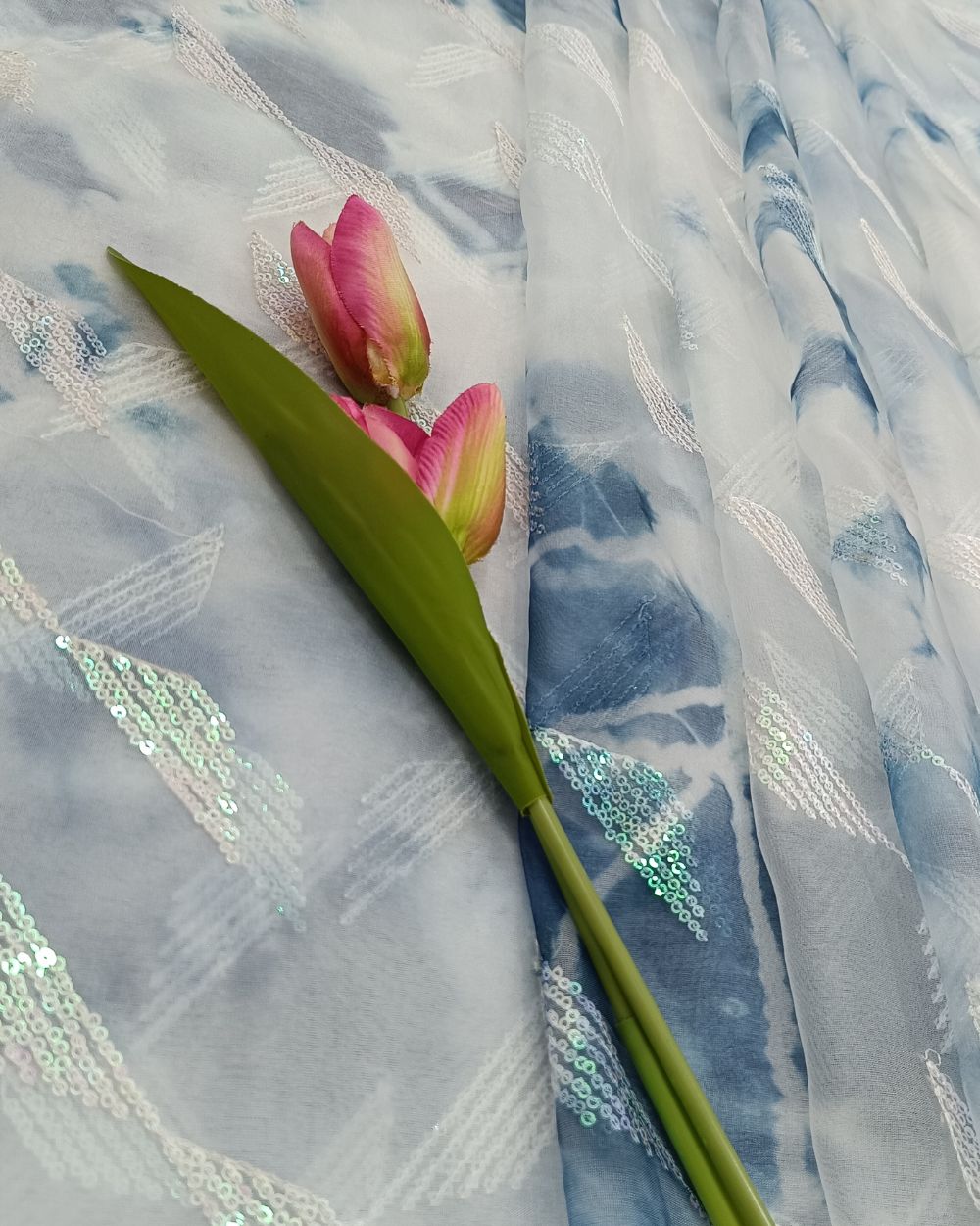 Organza Shibori Work Blue Colour 44 Inches Width