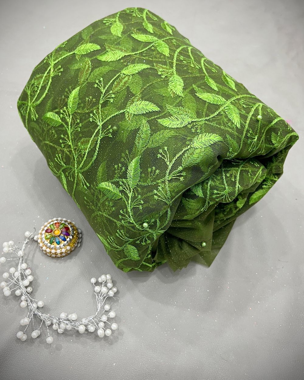 Moti Net Work Mehandi Green Colour 42 Inches Width