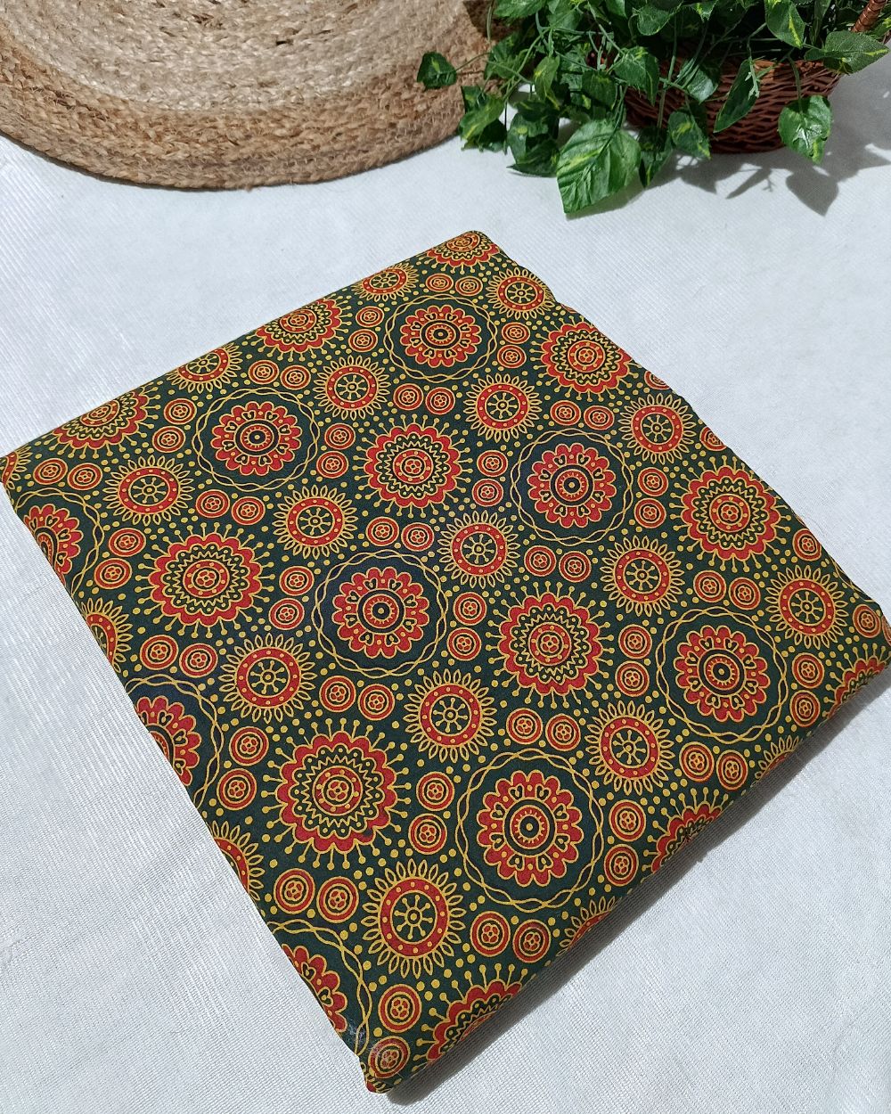 Ajrakh Cotton Natural Dye Block Printed Mehandi Green Colour 42 Inches Width
