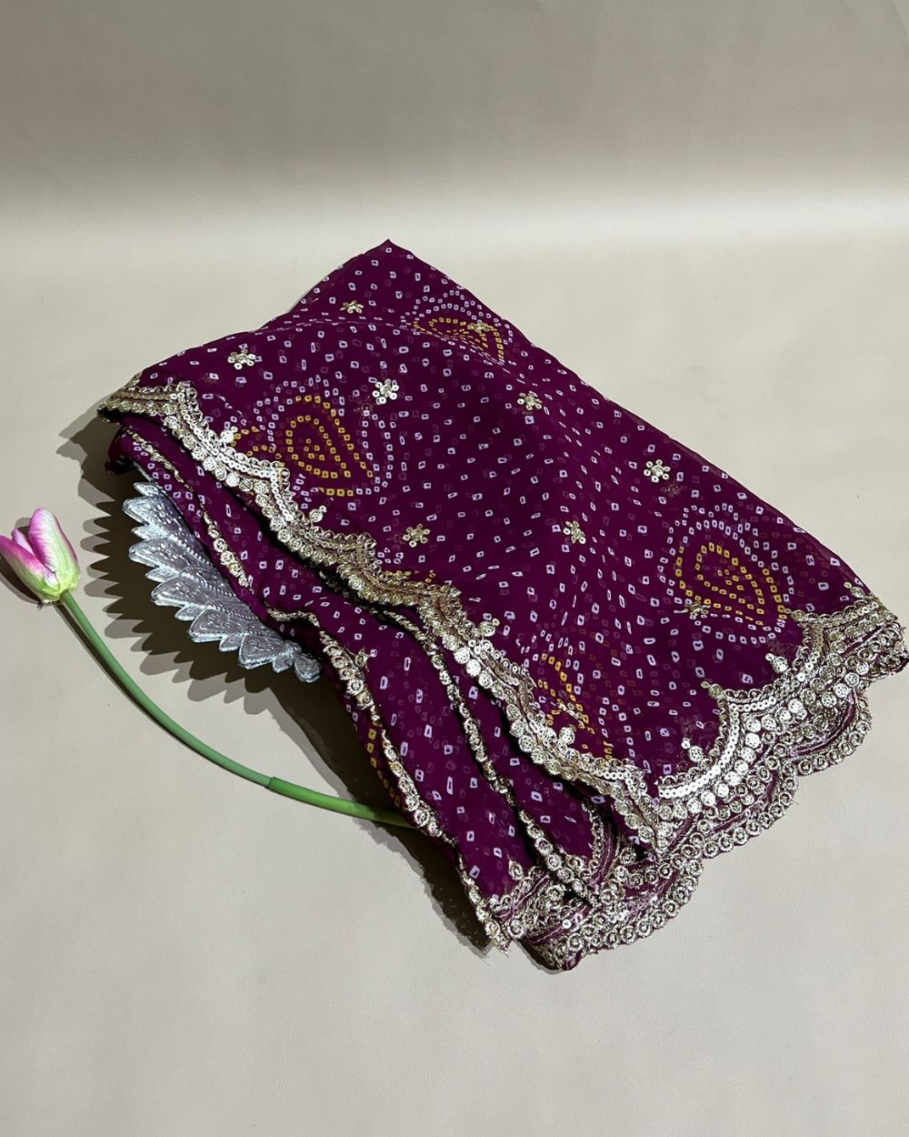 Georgette Bandhani Dupatta with Cut Work Border Wine Colour 37 Inches Width