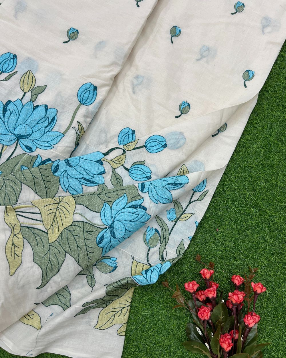 Kora Cotton Border Work Sky Blue Colour 45 Inches Width