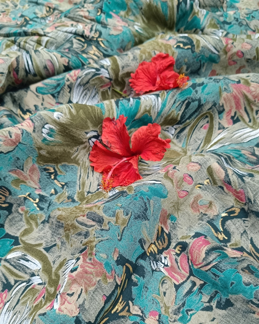 Printed Muslin Modal(Foil) Peacock Green(Morpankhi) Colour 43 Inches Width