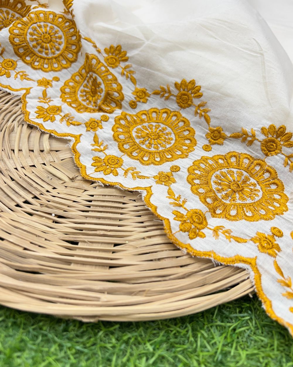 Kora Cotton with Cut Work Border Mustard Yellow Colour 42 Inches Width