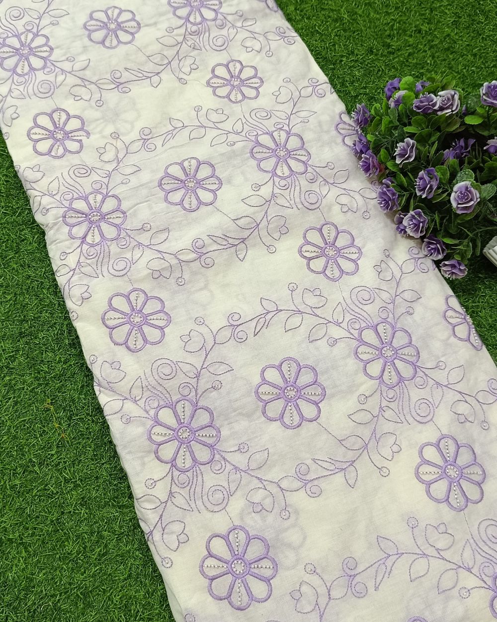 Kora Cotton Moti Work Lilac Colour 45 Inches Width