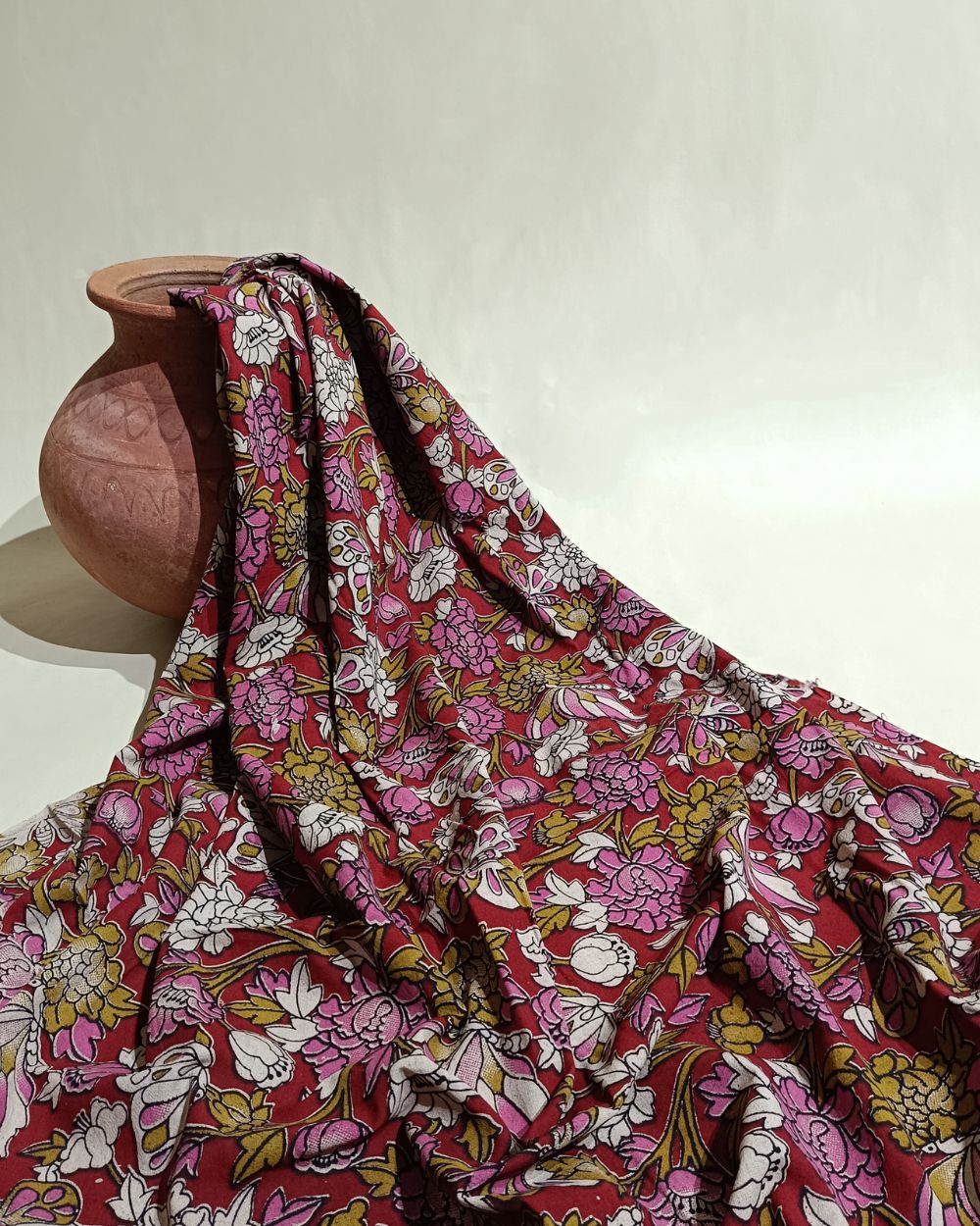 Hand Block Printed Cotton Kalamkari Maroon Colour 46 Inches Width