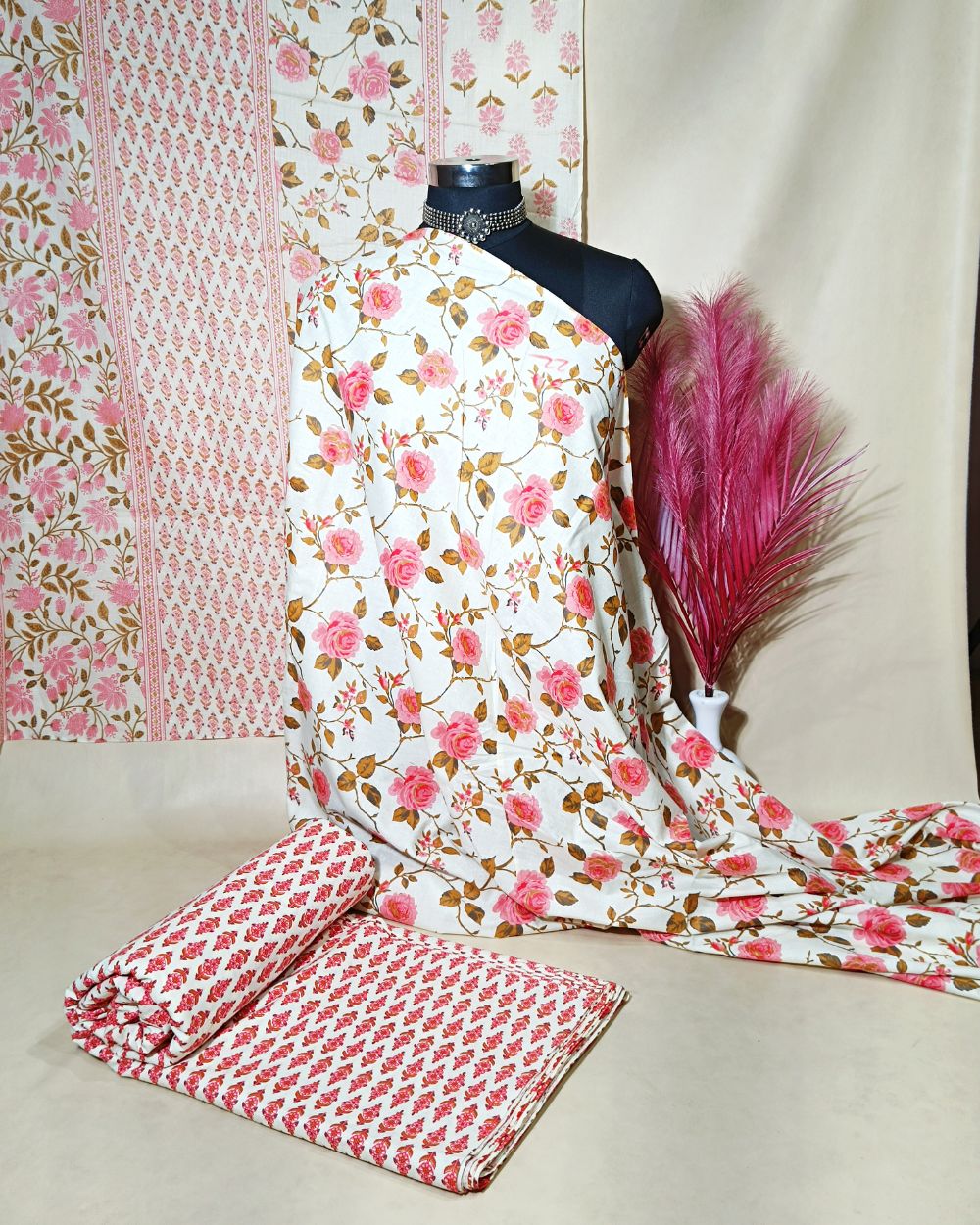 Printed Cotton Unstitched Top-Bottom Set with Dupatta Peach Colour 44 Inches Width