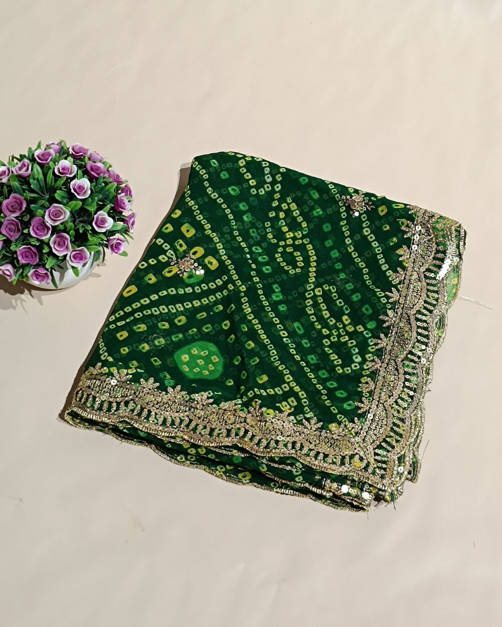 Georgette Bandhani Dupatta with Cut Work Border Green Colour 37 Inches Width