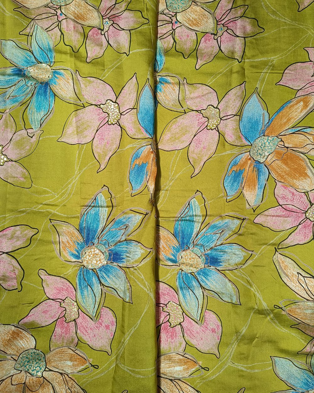 Printed Muslin (Foil) Olive Yellow Colour 44 Inches Width