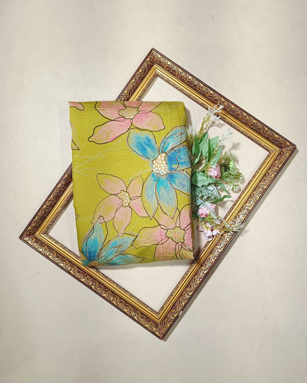 Printed Muslin (Foil) Olive Yellow Colour 44 Inches Width