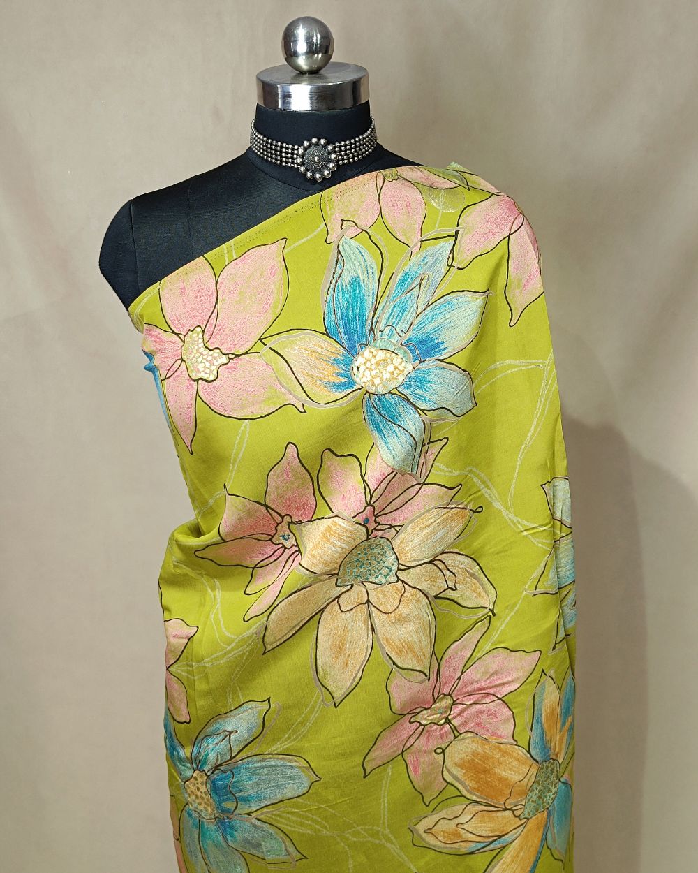 Printed Muslin (Foil) Olive Yellow Colour 44 Inches Width