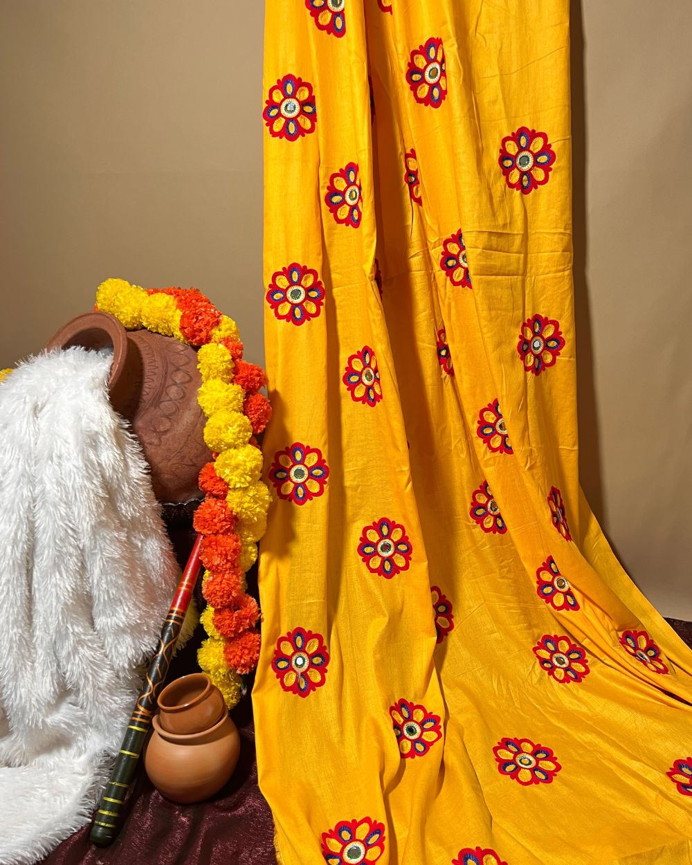 Rayon Gamthi(Rajasthani) Work Turmeric Yellow (Multicolor) 45 Inches Width