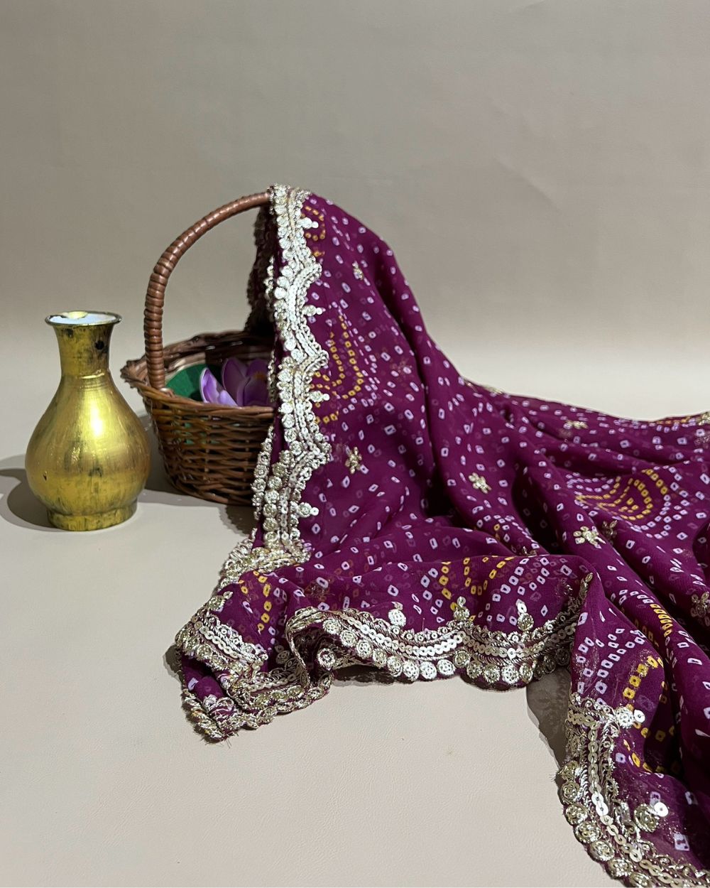 Georgette Bandhani Dupatta with Cut Work Border Wine Colour 37 Inches Width