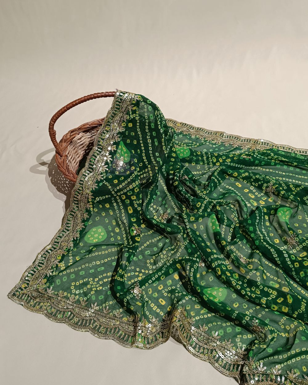 Georgette Bandhani Dupatta with Cut Work Border Green Colour 37 Inches Width