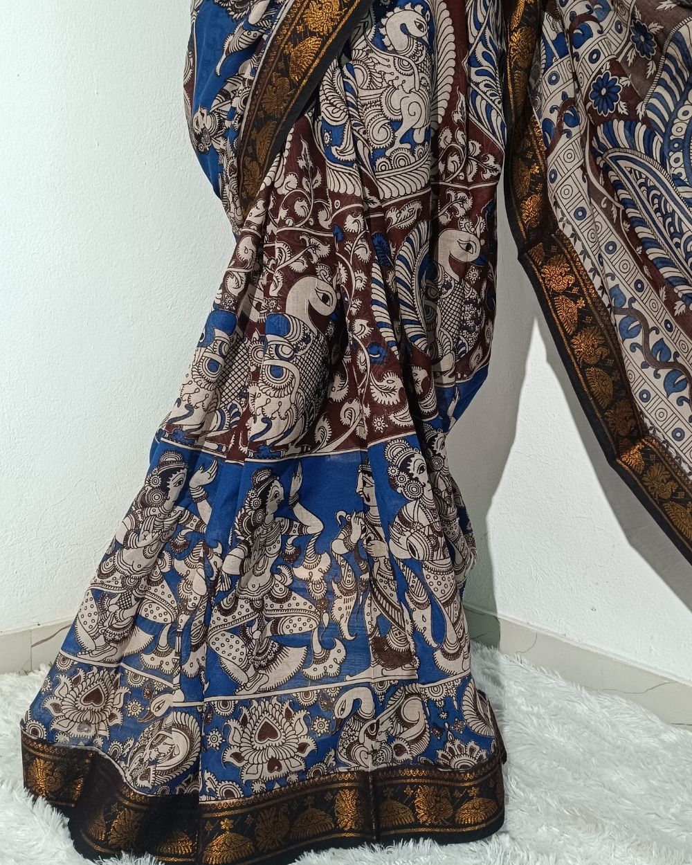 Hand Block Printed Cotton Kalamkari Saree with Blouse Piece Chocolate Brown Colour 46 Inches Width