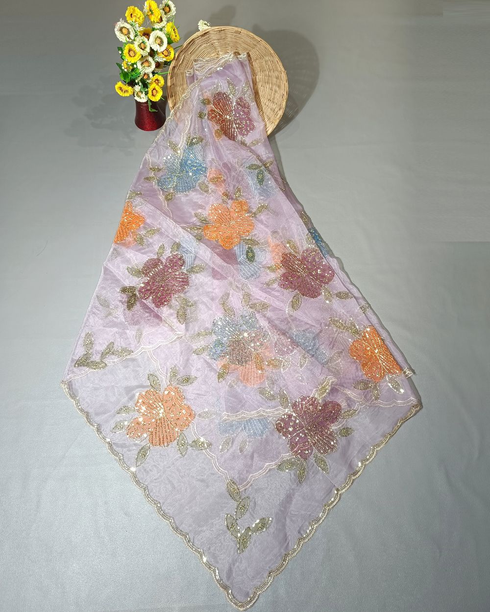 Premium Pure Soft Organza Work Dupatta Pastel Lavender Colour 39 Inches Width