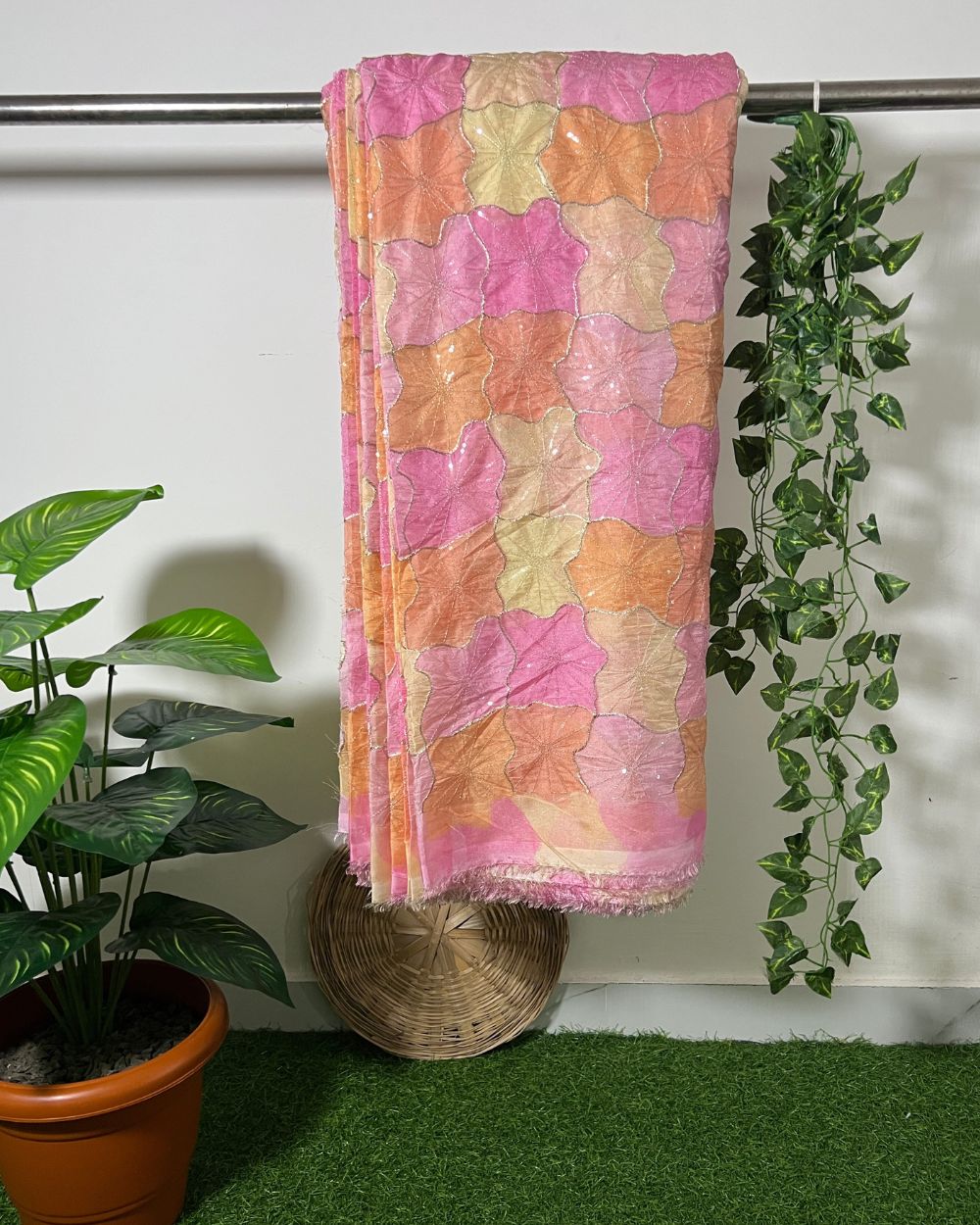 Position Print with Sequin Embroidery on Premium Organza Multicolor 42 Inches Width