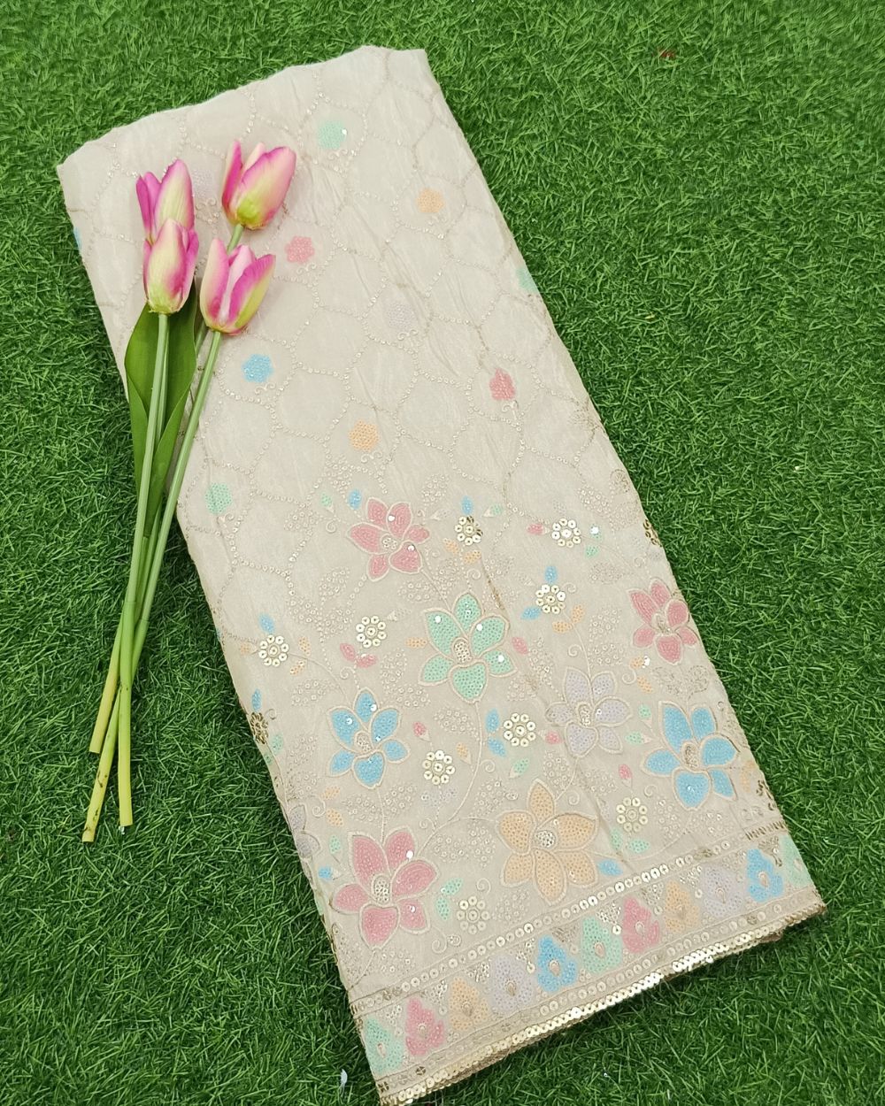 Dyeable Cosmos Work Golden Colour 42 Inches Width