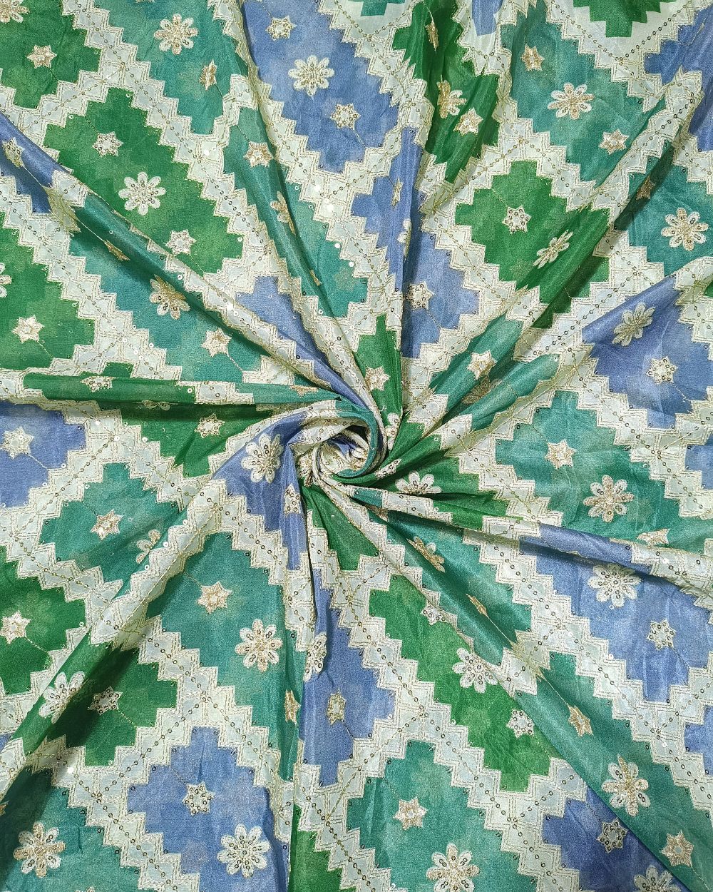 Position Print with Sequin Embroidery on Premium Organza Green Colour 45 Inches Width