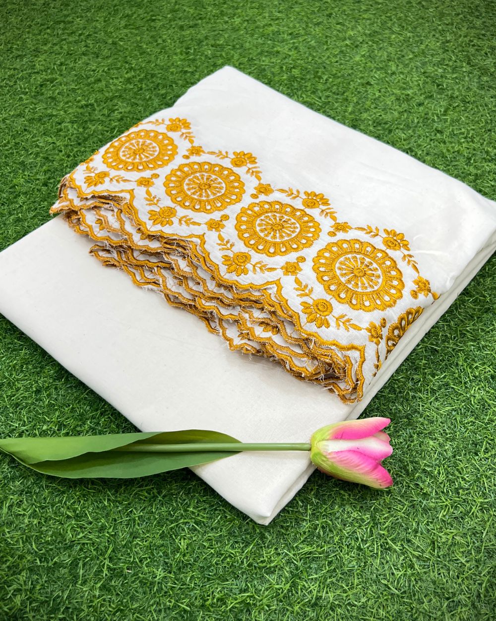 Kora Cotton with Cut Work Border Mustard Yellow Colour 42 Inches Width