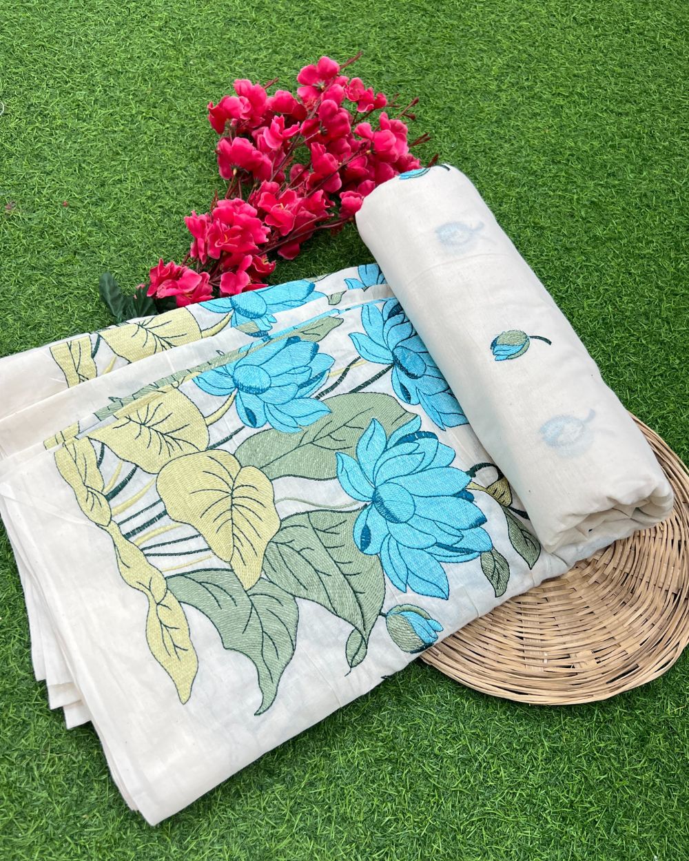 Kora Cotton Border Work Sky Blue Colour 45 Inches Width