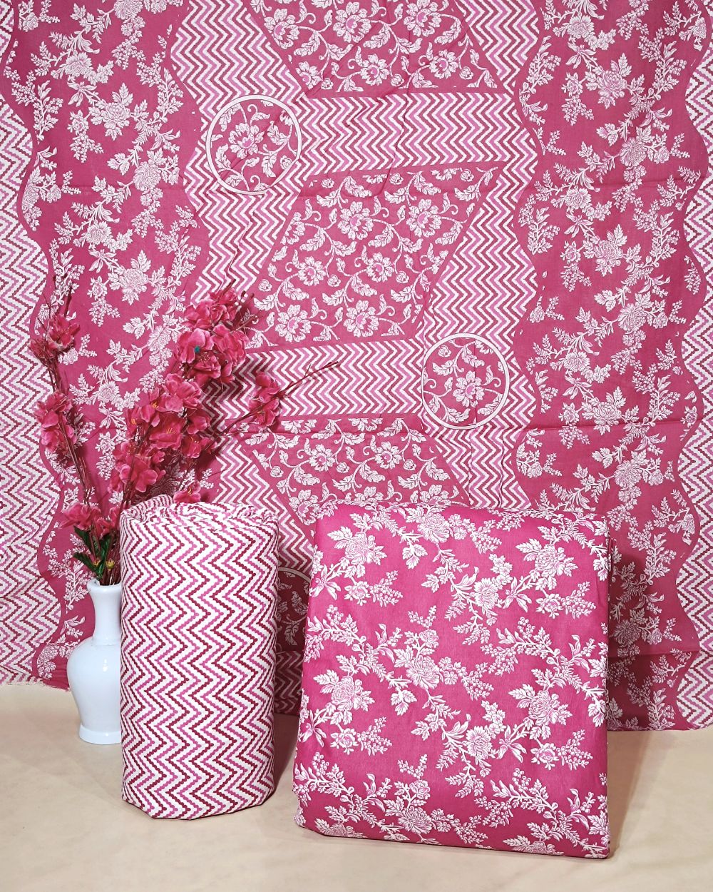 Printed Cotton Unstitched Top-Bottom Set with Dupatta Pink Colour 44 Inches Width