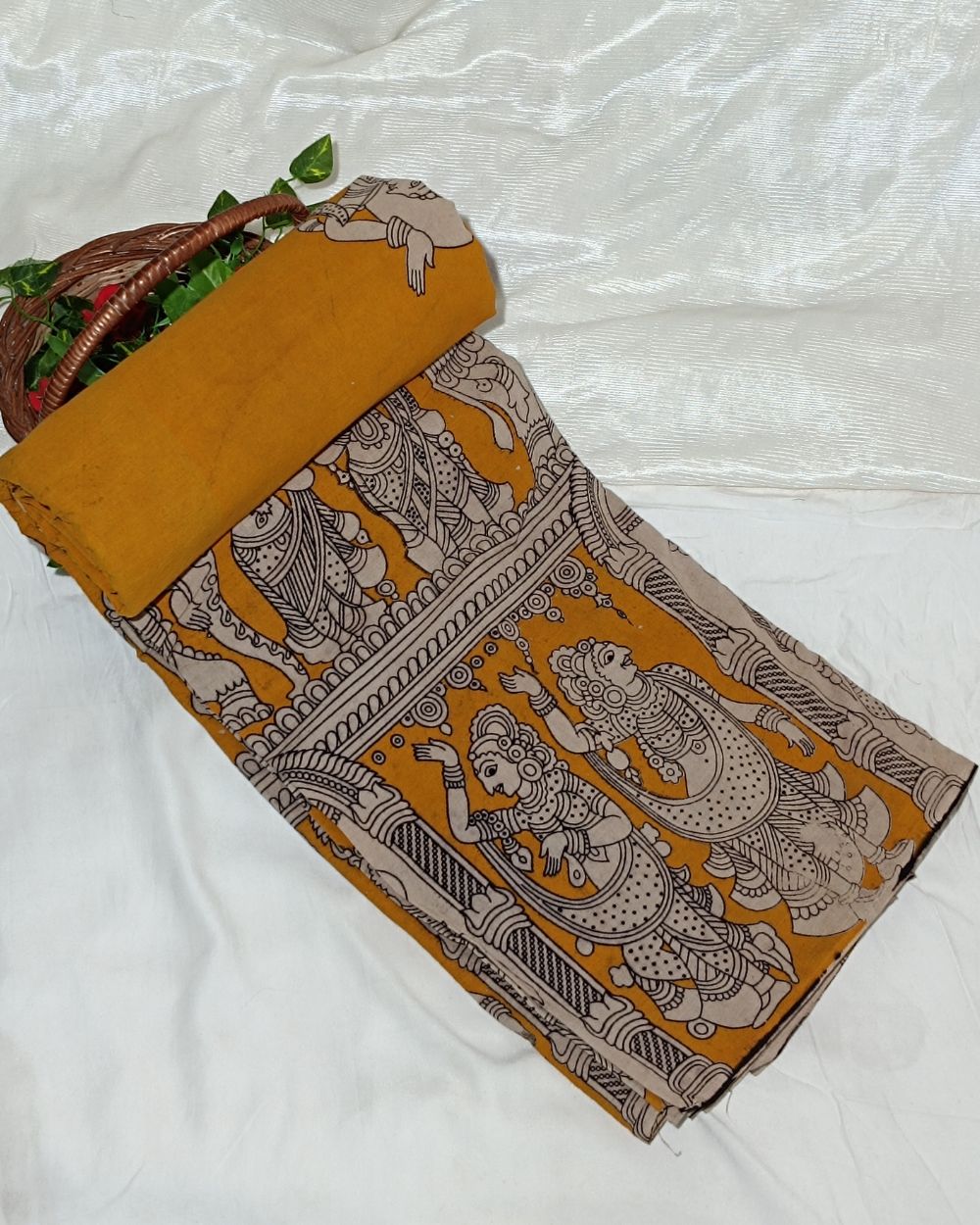 Hand Block Printed Cotton Kalamkari Mustard Yellow Colour 46 Inches Width