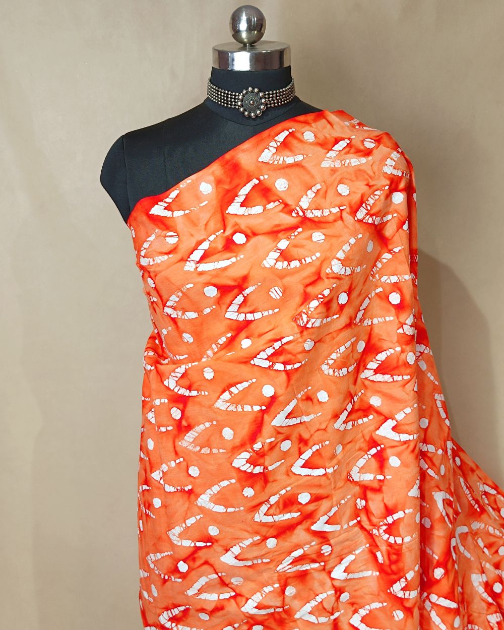 Cotton Hand Blocked Wax Batik Print Orange Colour 44 Inches Width