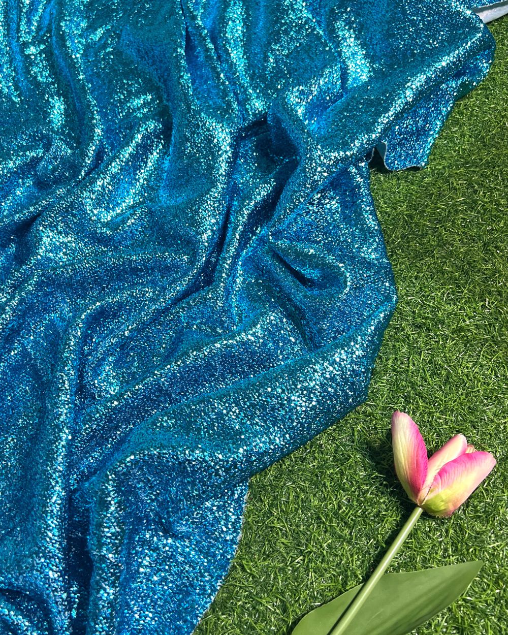 Imported Sparkling Tinsel Lurex Fabric Stretch Metalic Glitter Blue Colour 60 Inches Width