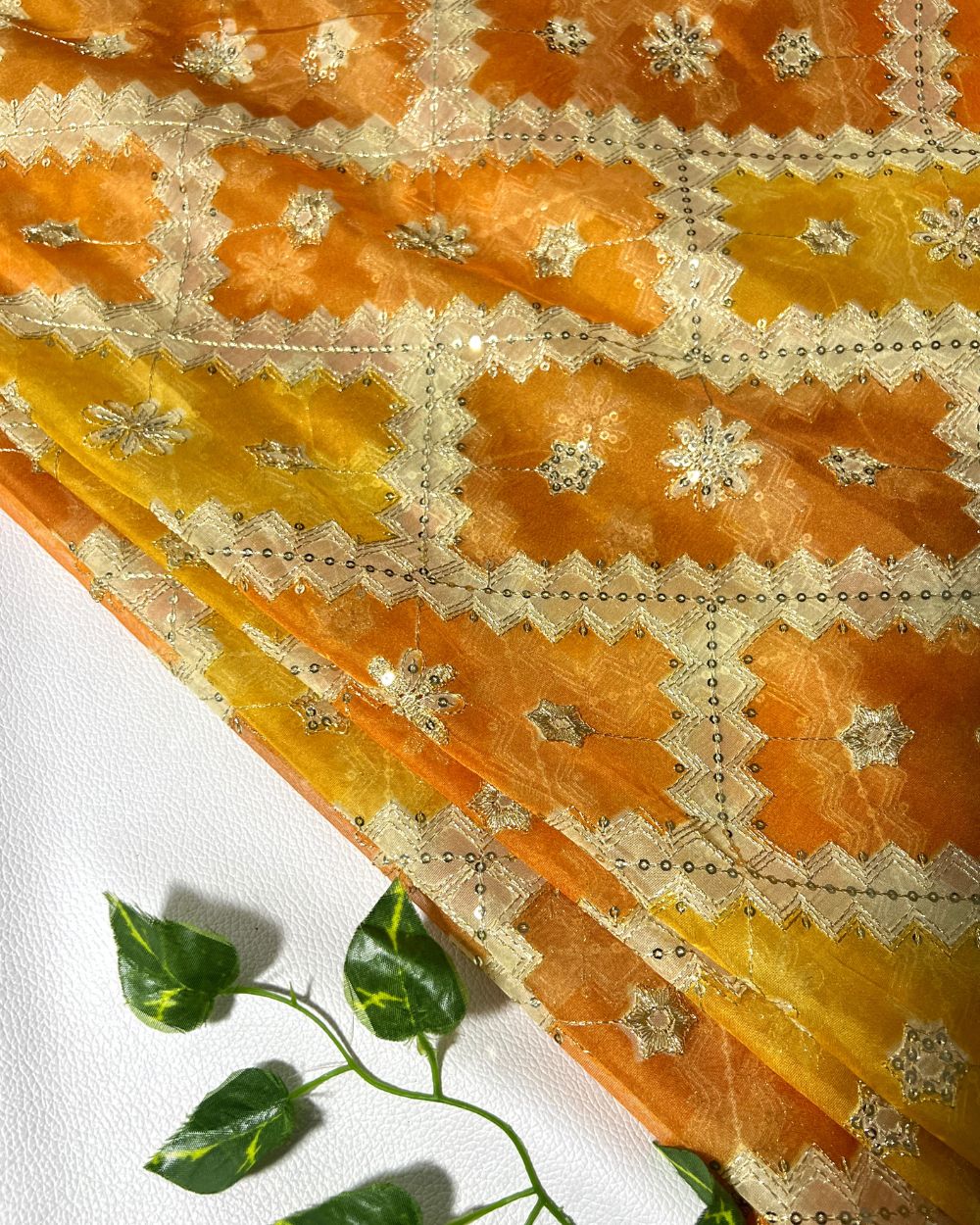 Position Print with Sequin Embroidery on Premium Organza Yellow Colour 48 Inches Width