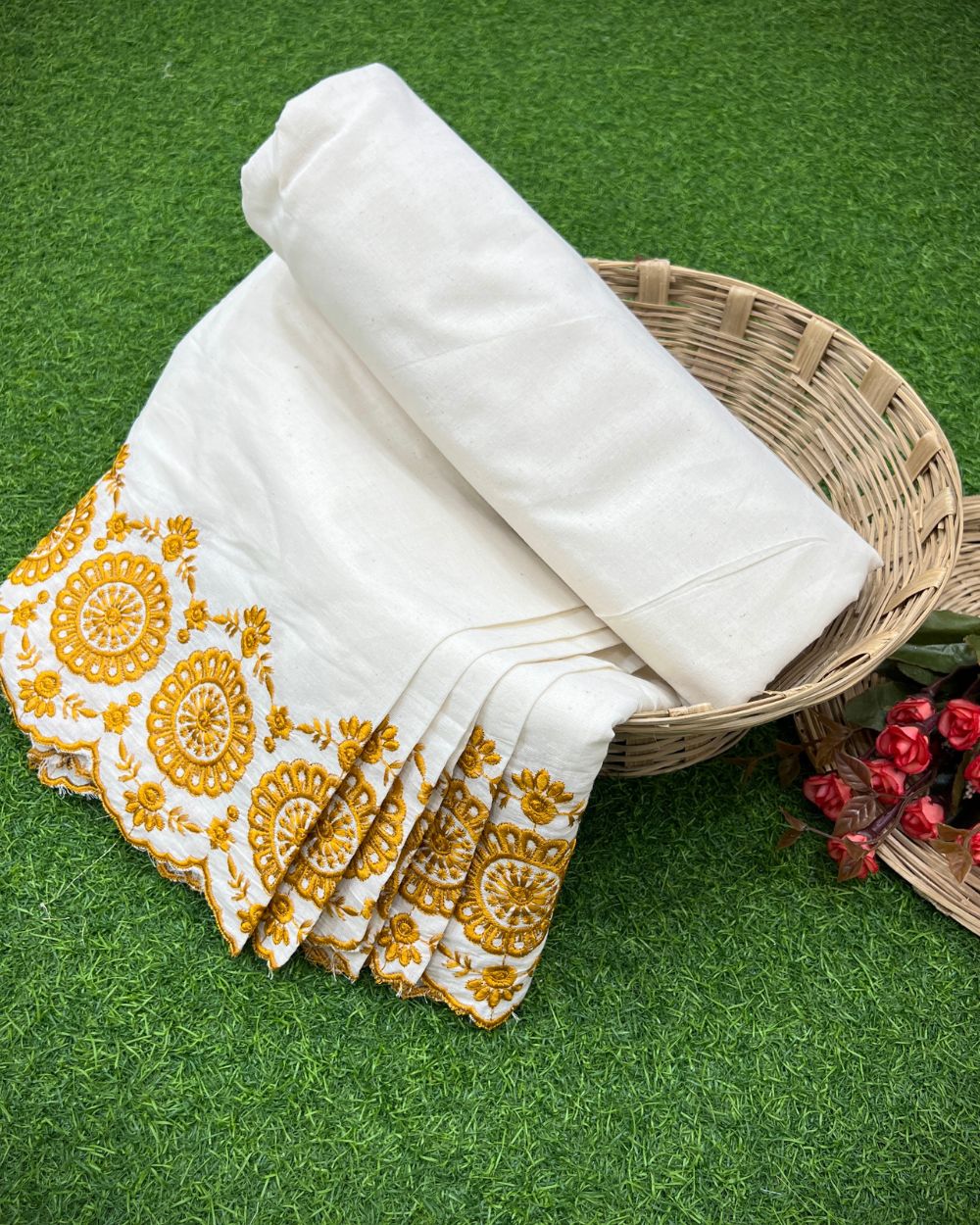 Kora Cotton with Cut Work Border Mustard Yellow Colour 42 Inches Width