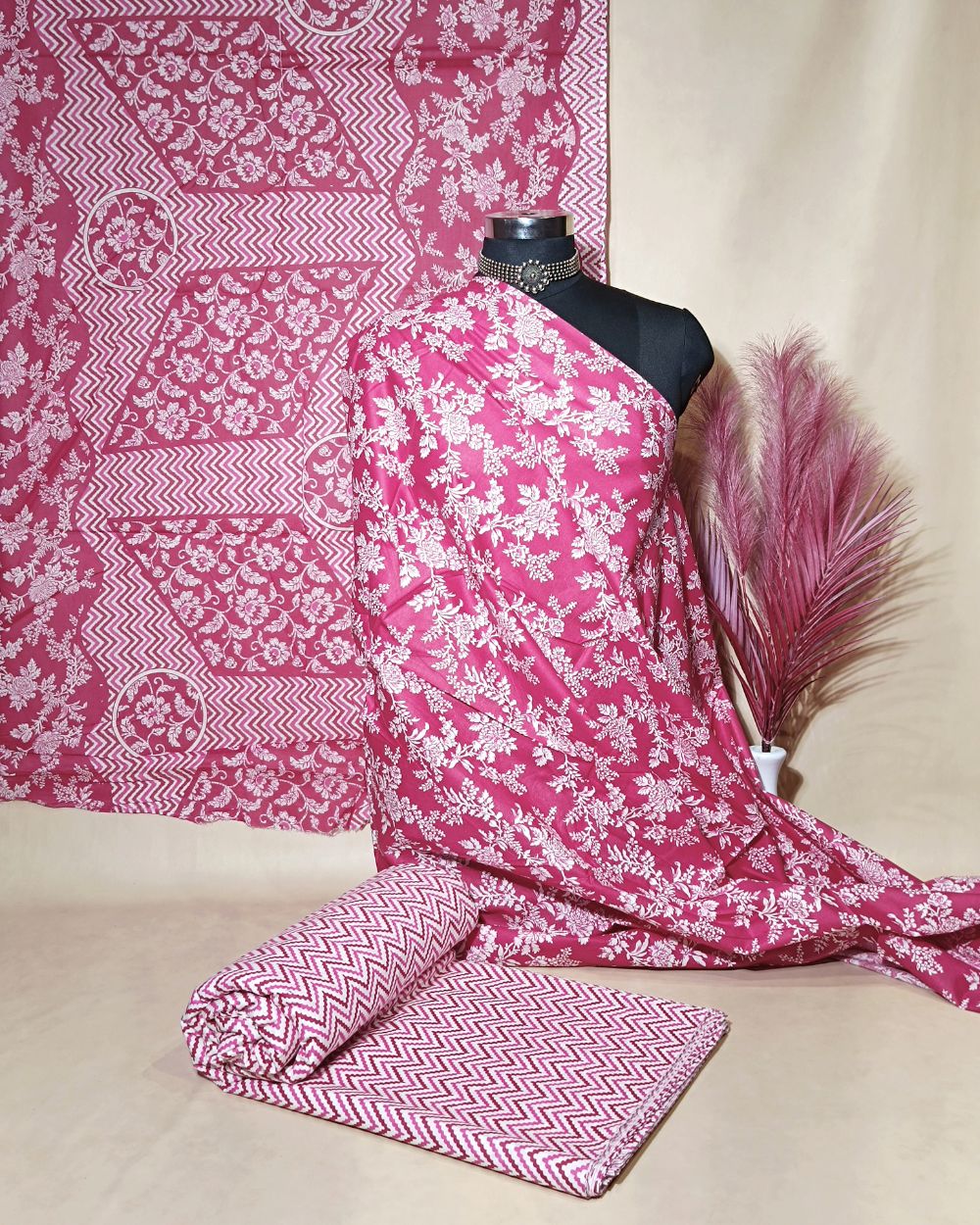 Printed Cotton Unstitched Top-Bottom Set with Dupatta Pink Colour 44 Inches Width