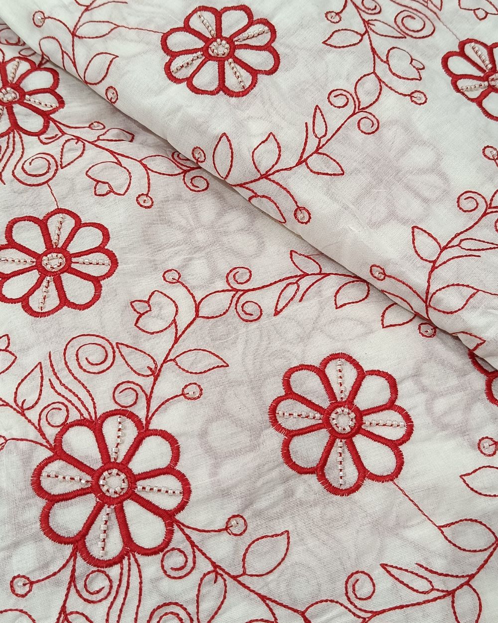 Kora Cotton Moti Work Red Colour 45 Inches Width