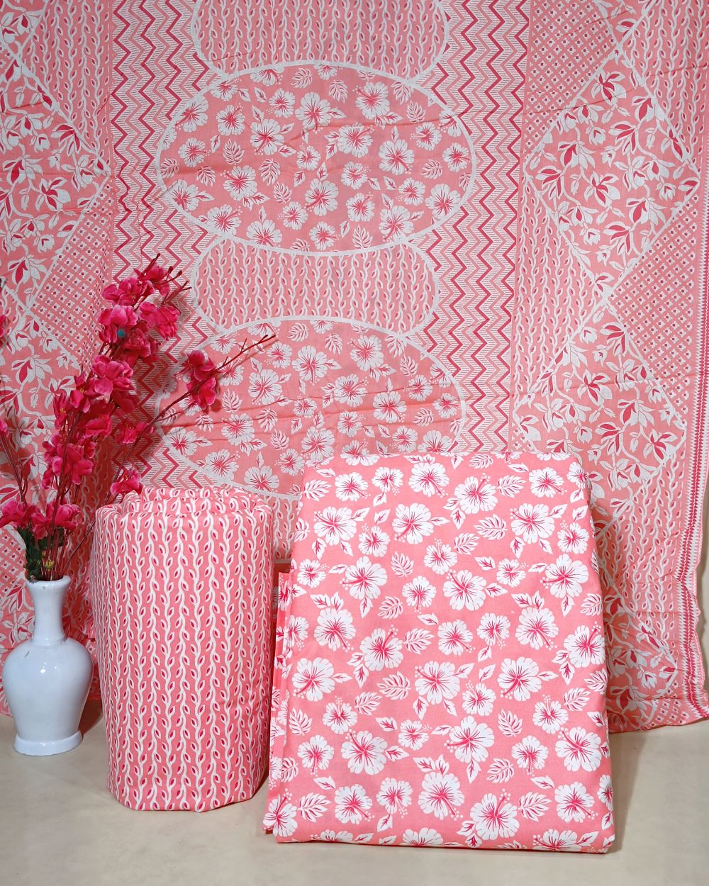 Printed Cotton Unstitched Top-Bottom Set with Dupatta Peach Colour 44 Inches Width