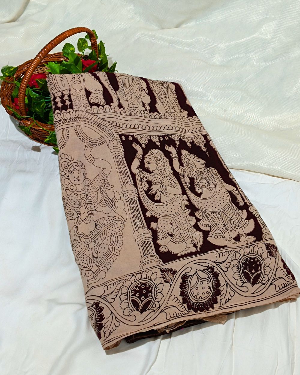 Hand Block Printed Cotton Kalamkari Dark Brown Colour 46 Inches Width
