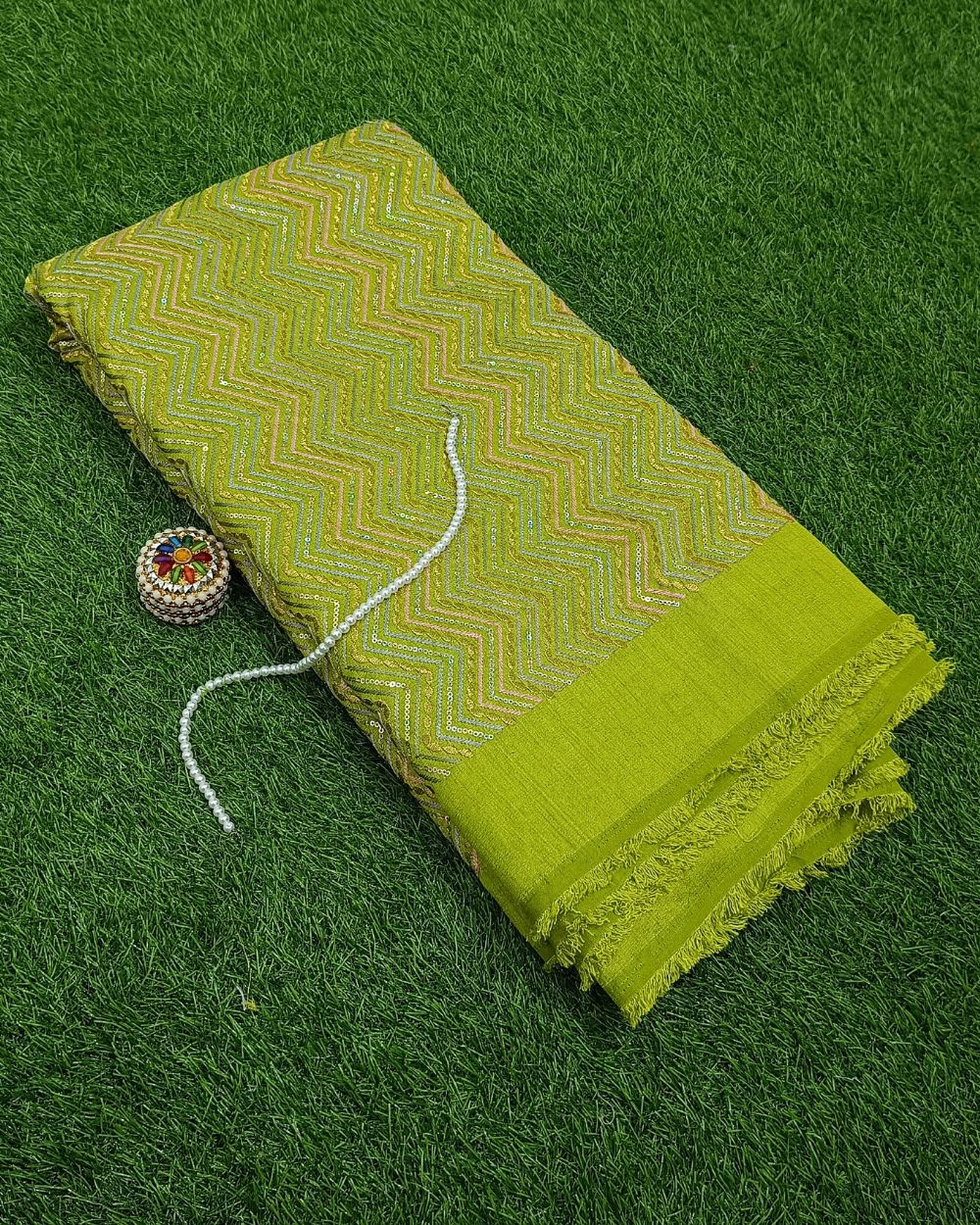 Raw Silk Work Parrot Green Colour 44 Inches Width