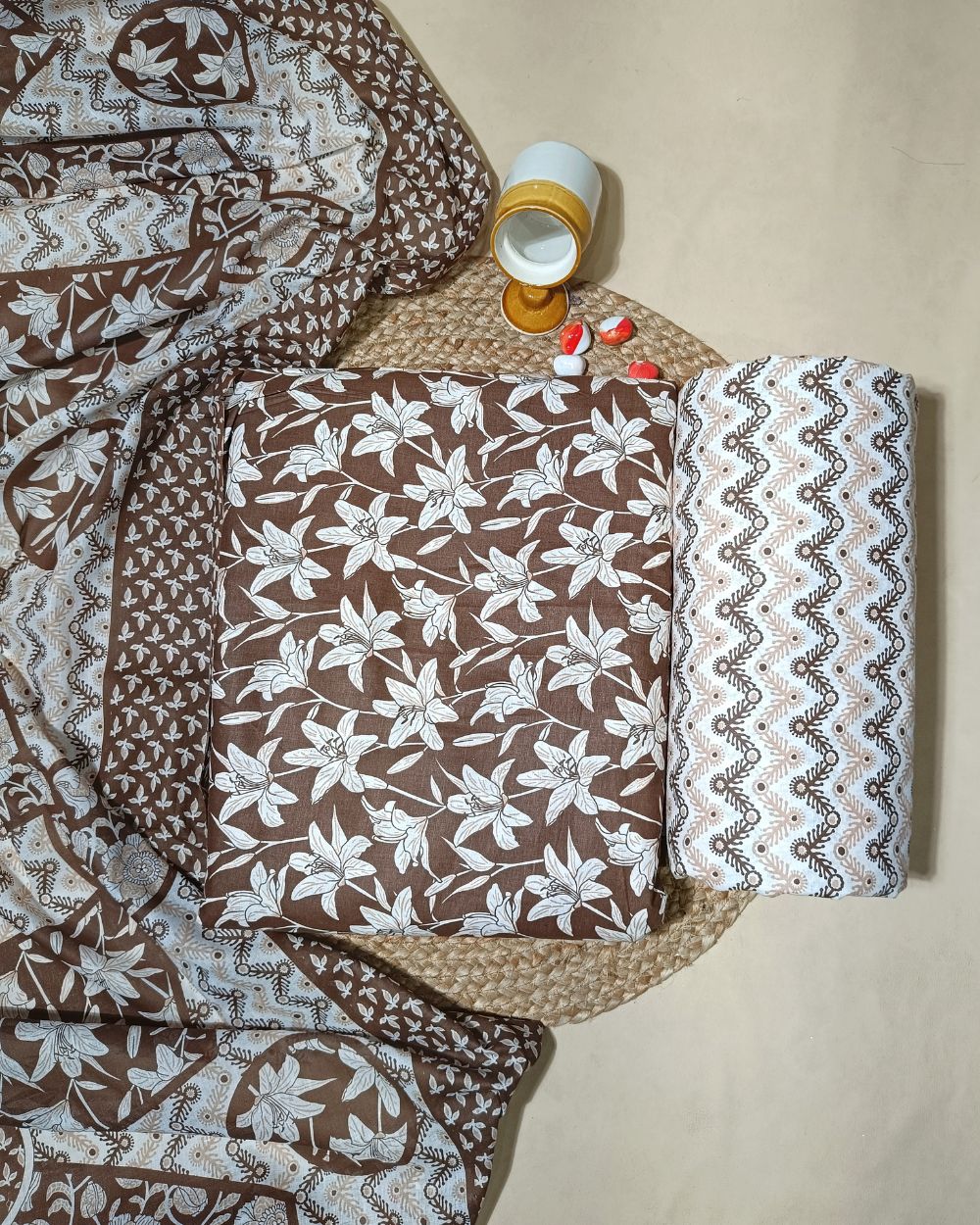 Printed Cotton Unstitched Top-Bottom Set with Dupatta Coffee Colour 44 Inches Width