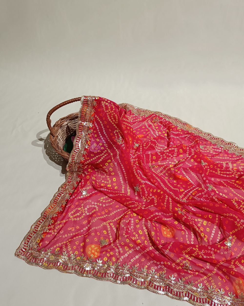 Georgette Bandhani Dupatta with Cut Work Border Pinkish Red Colour 37 Inches Width