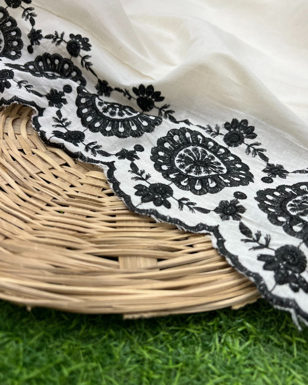 Kora Cotton with Cut Work Border Black Colour 42 Inches Width