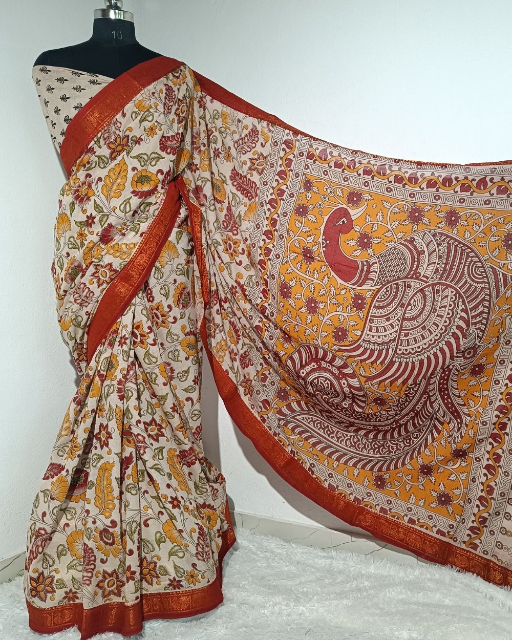 Hand Block Printed Cotton Kalamkari Saree with Blouse Piece Beige Colour 46 Inches Width
