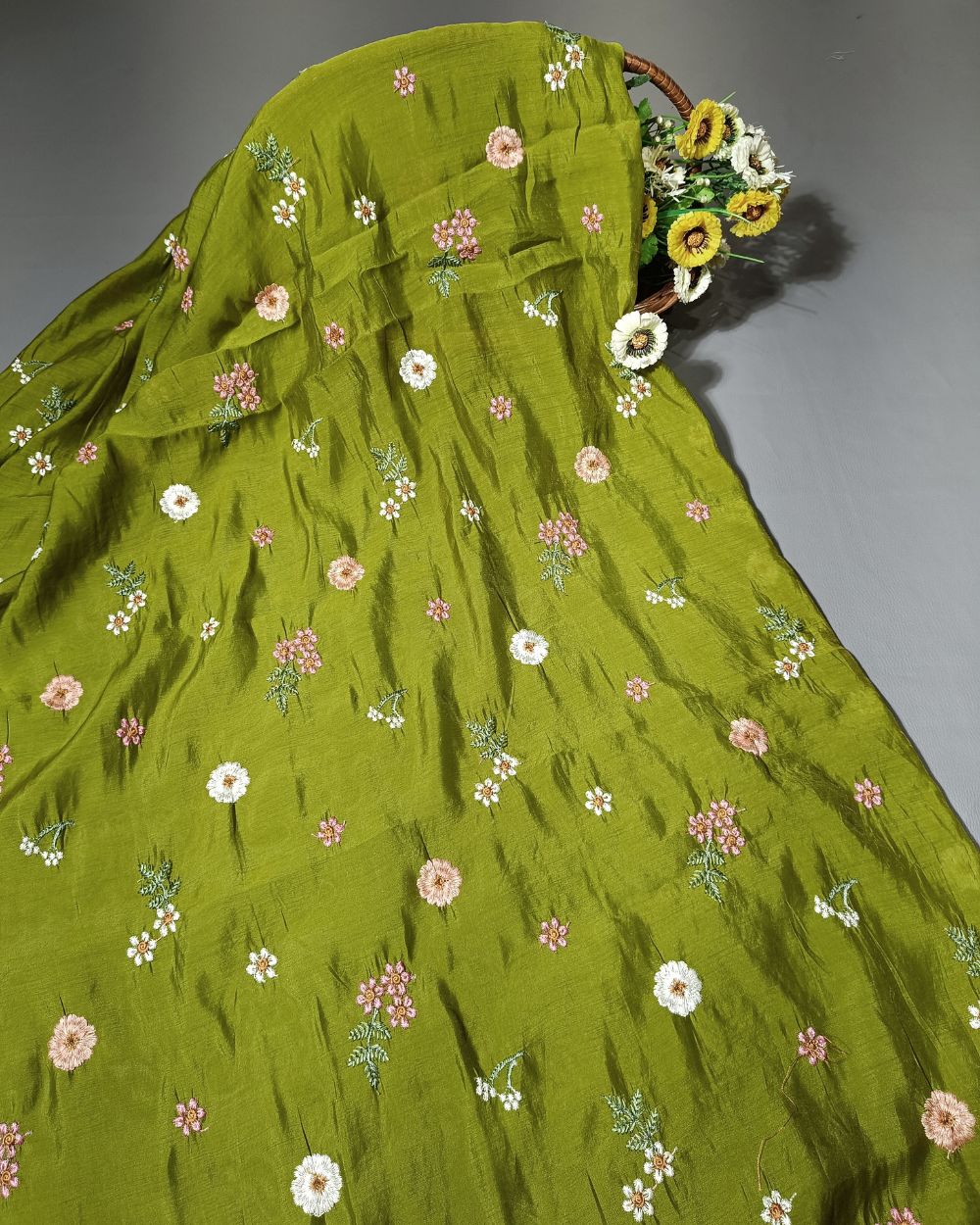 Chanderi Mal Cotton with Thread Work Mehendi Green Colour 43 Inches Width