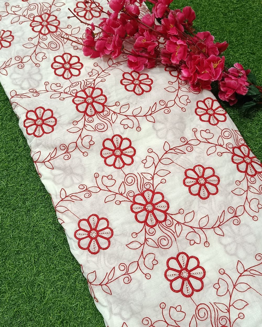 Kora Cotton Moti Work Red Colour 45 Inches Width